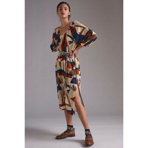 NWT Anthropologie The Odells Geo Midi Dress M HTF $248 Linen Blend Cactus Cream